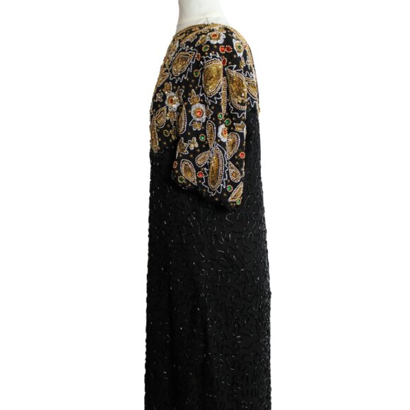 Night Vogue SZ Med 100% Silk Beaded & Sequin Black Evening Dress - Picture 8 of 16